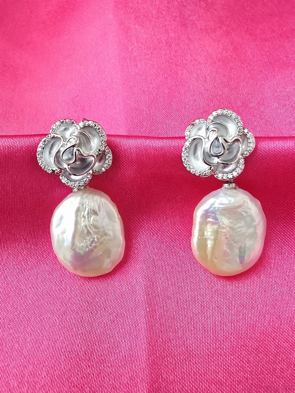 925 Silver Floral Pearl Drop Earrings - Freshwater Baroque Pearls